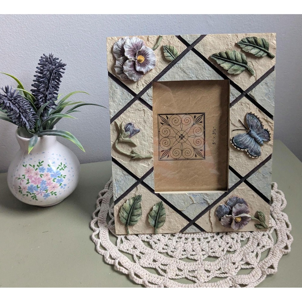 Floral Picture Frame Pansy Butterfly 3.5x5 Cottage Garden Raised Flowers